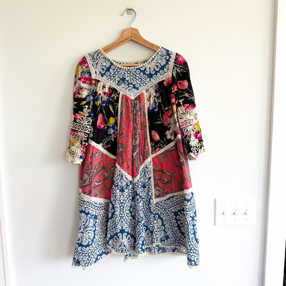 Anthropologie Vanessa Virginia Inez Patchwork Crochet Mini Dress Blue Red 0 - Picture 1 of 10